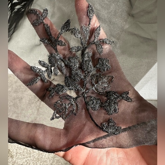 SILK SCARF Black Rectangular Embroidered Sheer Rolled Edges 66x30 EUC - Picture 5 of 14